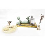 Art Deco- style table lighter surmounted by green painted figure of girl reading a book,