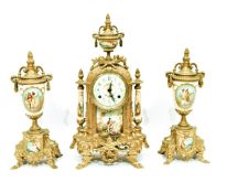 French clock garniture set in gilt metal cases, with painted enamelled dials and plaques,