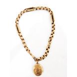 9ct gold locket of oval form with floral decoration, on a faceted belcher link watch chain,