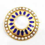 Edwardian gold-coloured metal moonstone enamel and pearl target brooch,