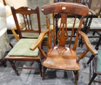 19th century elm elbow chair with pierced vase-shaped splat and an Edwardian mahogany standard