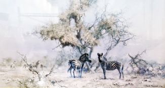 After David Shepherd Colour print 'Zebras and Colony Weavers' signed pencil lower right margin,