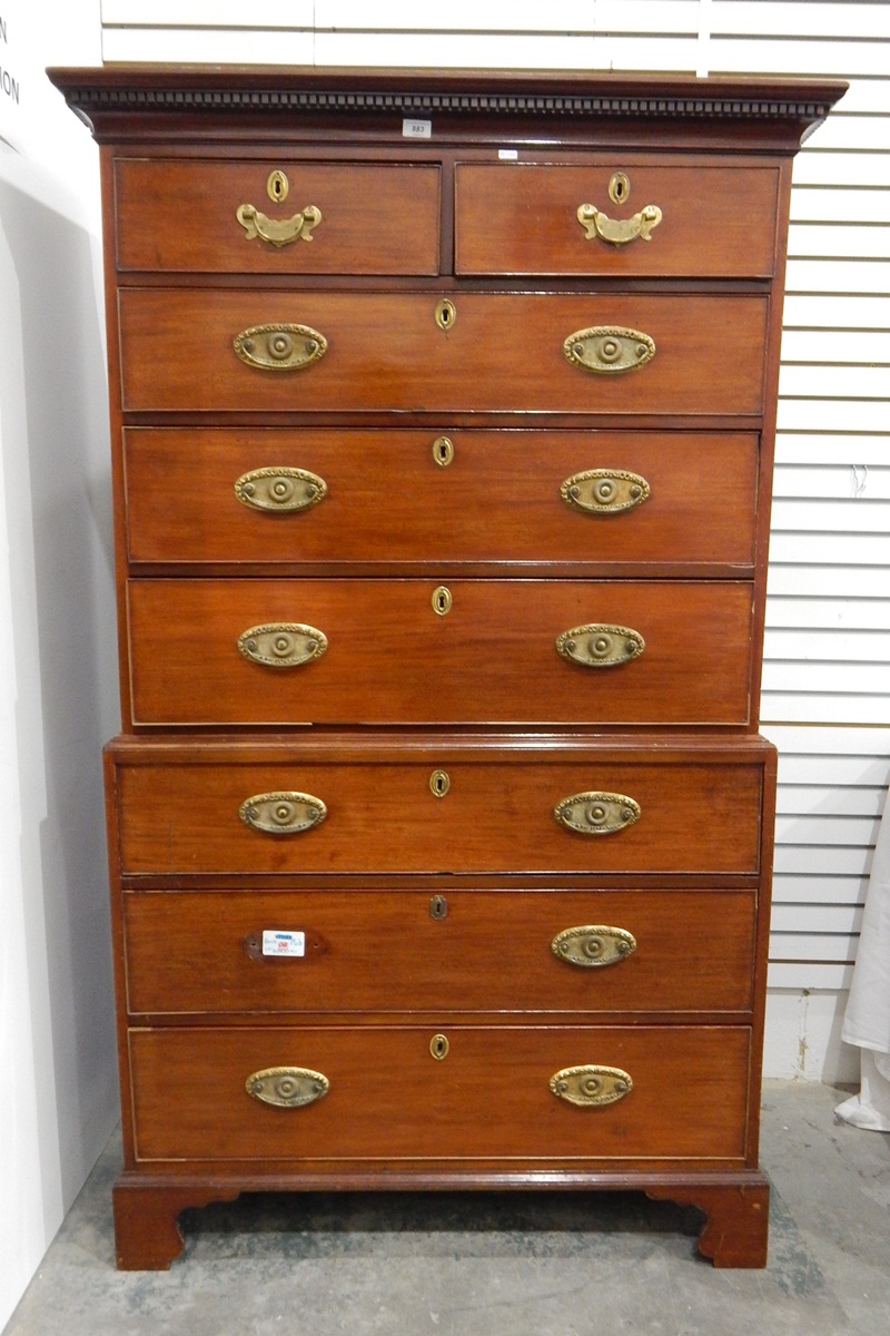 Early 19th century tallboy chest having dentil moulded cornice over two short and three long