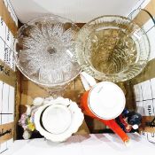 Large quantity of assorted glassware and china including a moulded glass comport, fruit bowls,