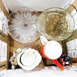 Large quantity of assorted glassware and china including a moulded glass comport, fruit bowls,