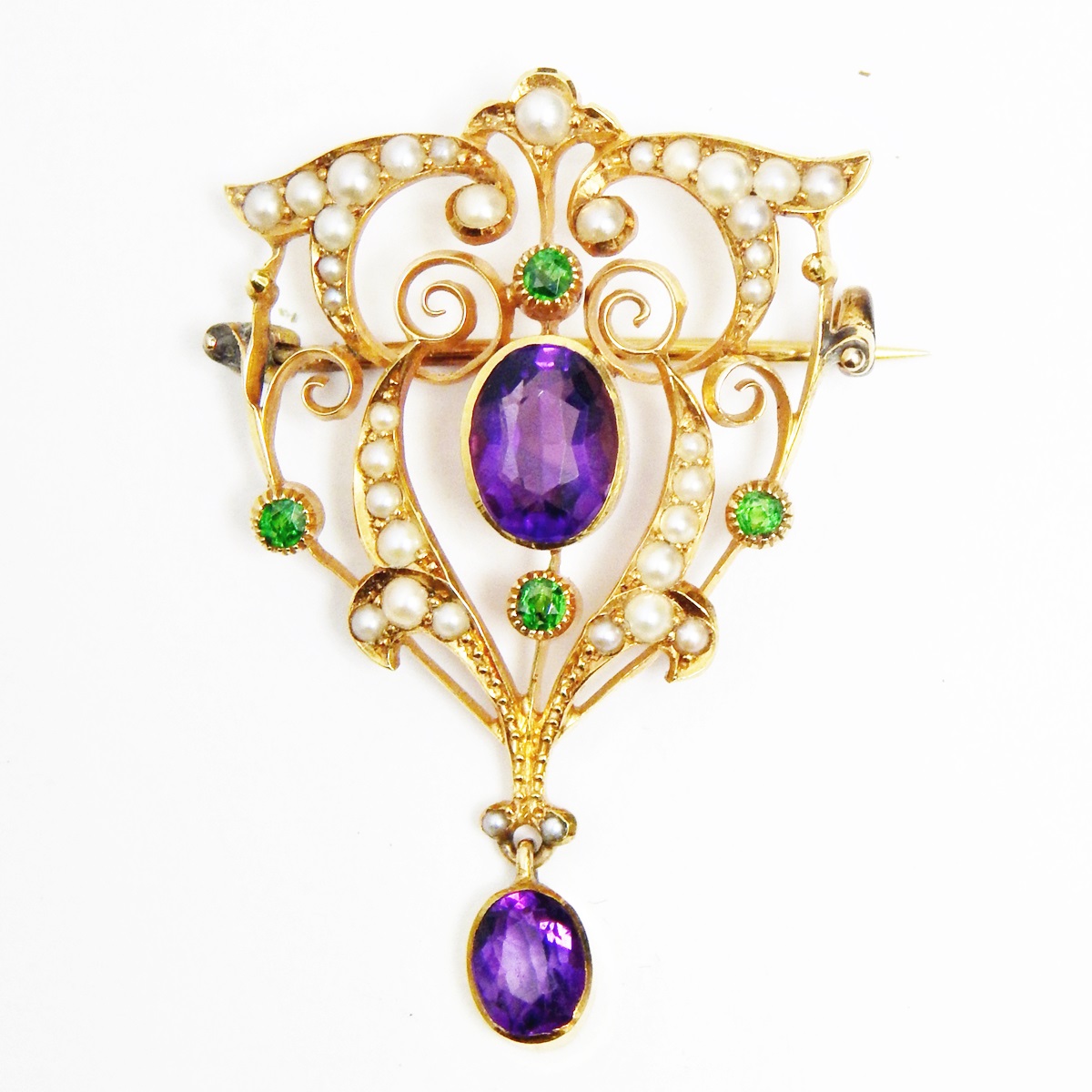 Edwardian gold-coloured metal, amethyst, green garnet and pearl brooch,