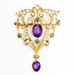 Edwardian gold-coloured metal, amethyst, green garnet and pearl brooch,