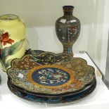 Three Japanese cloisonne dishes, variously decorated with phoenix, dragon and flowering peonies,