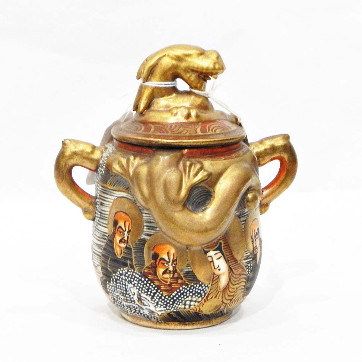 Japanese Satsuma two-handled lidded vase decorated with immortals and embossed with lizard, - Image 2 of 6