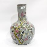 Crackleware bottle vase with enamel decoration of birds on flowering prunus branches,