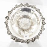 Silver plated fruit basket, of circular pedestal form with scrolling rim,