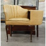 Mid 20th century gold damask tub chair with integral coffee table,