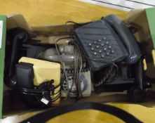 Trimline yellow and black telephone, two bakelite telephones, a vintage telephone and another,