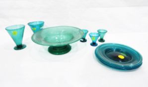 Quantity of blue bubble glassware comprising glasses, pedestal bowl, plates, lidded vessels, etc.
