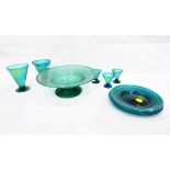 Quantity of blue bubble glassware comprising glasses, pedestal bowl, plates, lidded vessels, etc.