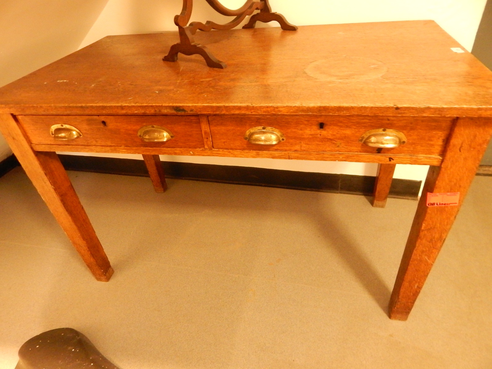 Oak writing desk with two drawers, on square supports,