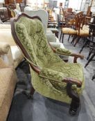 Victorian mahogany framed open arm easy chair with button upholstered back,