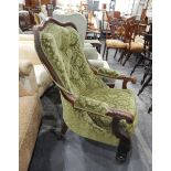 Victorian mahogany framed open arm easy chair with button upholstered back,