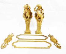 Pair of gilt brass putti with shells supported on column bases and decorative door plates (6)