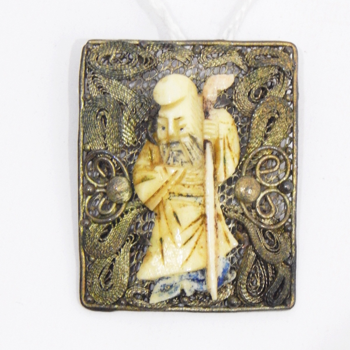 Chinese carved bone and filigree brooch depicting a sage and a carved bone bookmark,