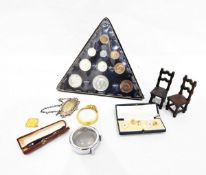 George VI coin set, set of shirt studs, doll's house chairs, silver plated whisky decanter label,