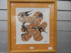 J Crow (Aboriginal School) Mixed media Kangaroos and other animals on a dotted amoeba-like ground,