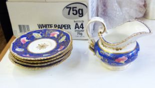 Early 19th century china part teaset with teapot, cream jug, sugar basin, four cups and saucers,