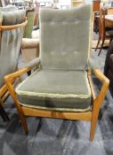 Pair of green dralon and shewwood open arm easy chairs