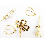 Gold watch suspension brooch modelled as a bow, marked 9ct,
