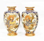 Pair of Satsuma Shimazu earthenware vases, ovoid and shouldered, slightly lobed,