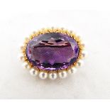 Gold, amethyst and cultured pearl brooch,