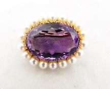 Gold, amethyst and cultured pearl brooch,