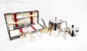 Silver plated three-piece teaset and a quantity of silver plated flatware including a set of fish