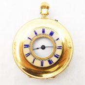 18ct gold cased lady's half-hunter pocket watch with enamel dial and Roman numerals