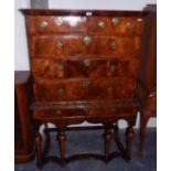 Early 18th century walnut chest on stand with moulded cornice,