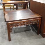 Chinese hardwood table of square form with carved friezes decorated with vases, on square legs,
