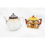 Novelty teapots to include cottageware, Victorian leaf-moulded teapot with pewter lid, etc.