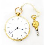 Gentleman's 18ct gold cased open-faced pocket watch with enamel dial and Roman numerals,