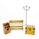 Wooden larder shelf with drawer, a small wooden casket with metal mounts and hinge,