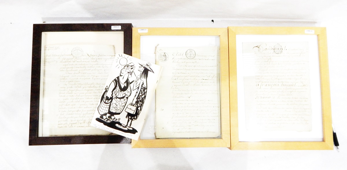 Three various 18th century French deeds and indentures and three black watercolour drawings,