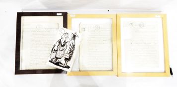 Three various 18th century French deeds and indentures and three black watercolour drawings,