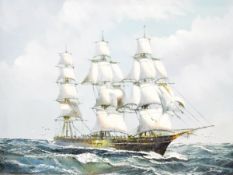 20th century school Oil on canvas Square-rigged ship in full sail in open seas,