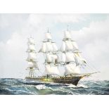 20th century school Oil on canvas Square-rigged ship in full sail in open seas,