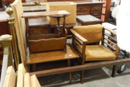 Small oak side table with magazine rack below, an oak pedestal table with spiral turned column,