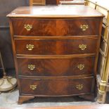 Reproduction mahogany bow front chest with four long graduated drawers on splayed bracket feet,