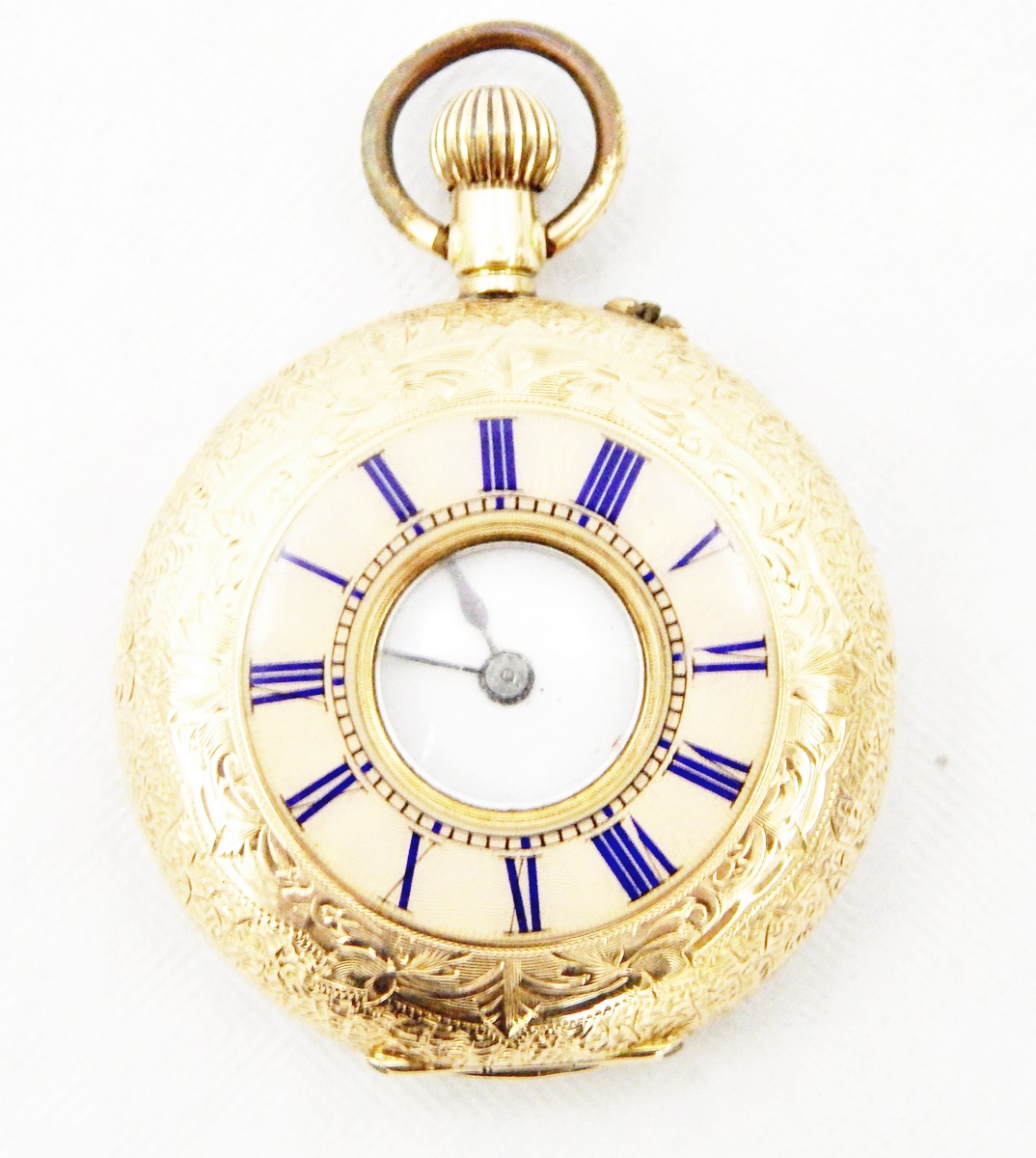 14ct gold cased lady's half-hunter pocket watch with overall bright-cut engraving,