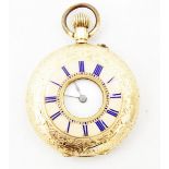 14ct gold cased lady's half-hunter pocket watch with overall bright-cut engraving,