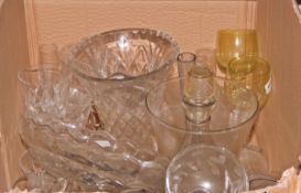 Quantity of assorted glassware including bowls, vases, decanters, etc.