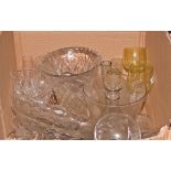 Quantity of assorted glassware including bowls, vases, decanters, etc.