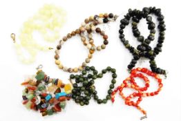 Jade bead necklace, sundry agate and hardstone necklaces,